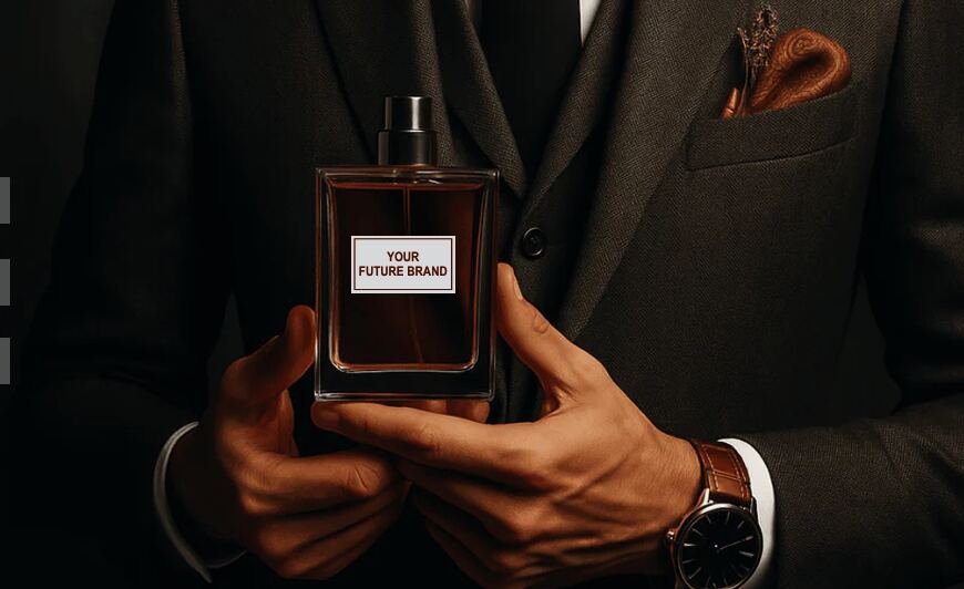 A man in a suit presenting a private-label 'Your Future Brand' fragrance bottle